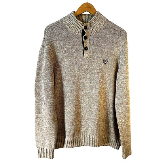 Vintage CHAPS Cotton Knit Pullover Sweater with Elbow Patch Beige Medium Grandpa - Picture 1 of 12